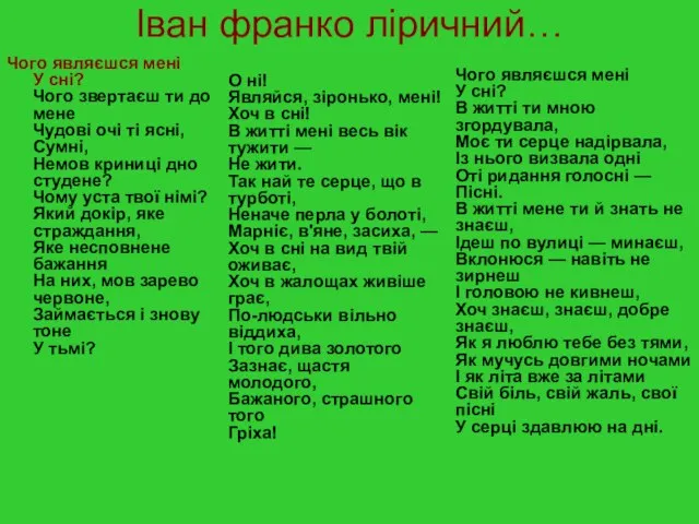 Іван франко ліричний… Чого являєшся мені У сні? Чого звертаєш ти до