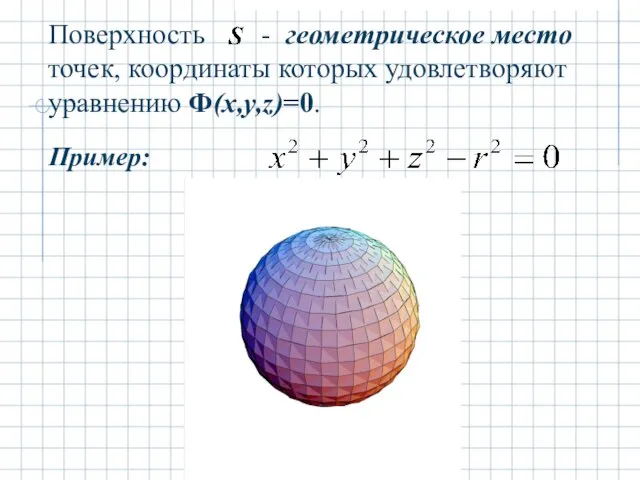 Пример: Поверхность - геометрическое место точек, координаты которых удовлетворяют уравнению Ф(x,y,z)=0.