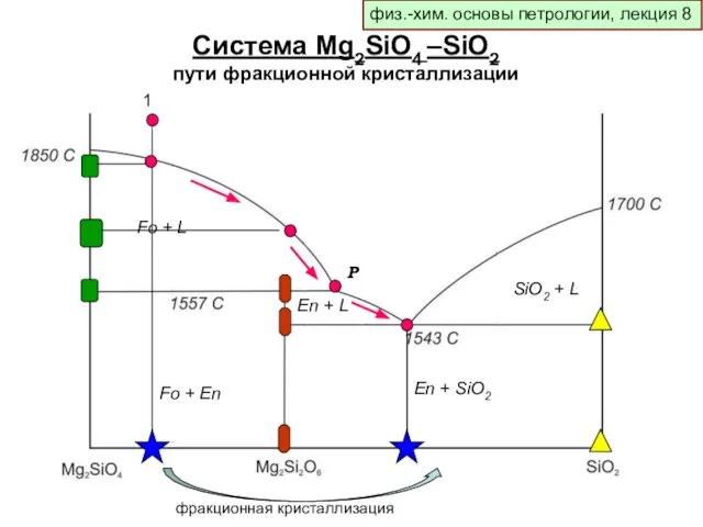 физ.-хим. основы петрологии, лекция 8 Система Mg2SiO4 –SiO2 пути фракционной кристаллизации Fo