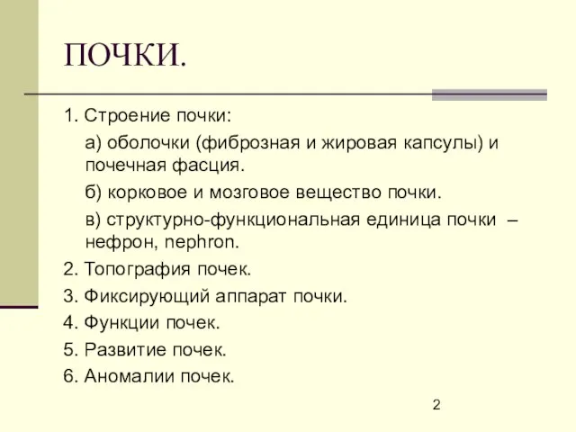 ПОЧКИ. 1. Строение почки: а) оболочки (фиброзная и жировая капсулы) и почечная