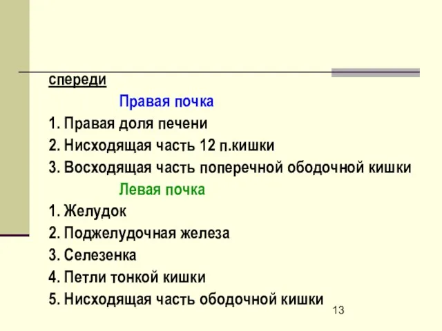 спереди Правая почка 1. Правая доля печени 2. Нисходящая часть 12 п.кишки