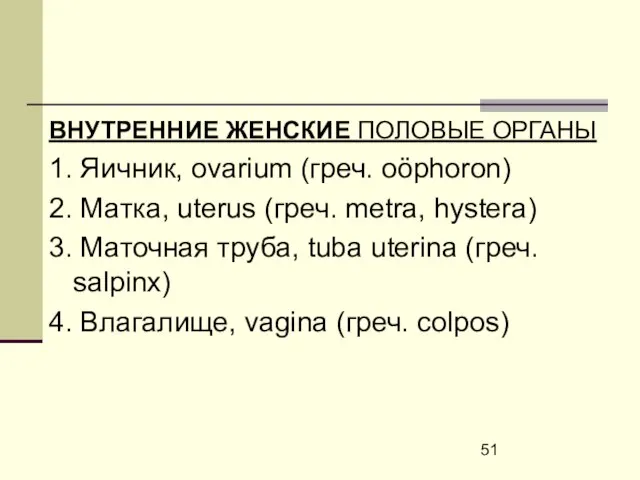 ВНУТРЕННИЕ ЖЕНСКИЕ ПОЛОВЫЕ ОРГАНЫ 1. Яичник, ovarium (греч. oöphoron) 2. Матка, uterus