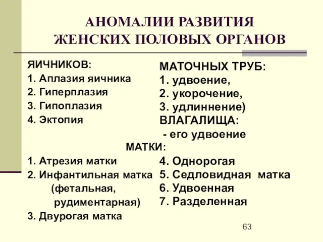 АНОМАЛИИ РАЗВИТИЯ ЖЕНСКИХ ПОЛОВЫХ ОРГАНОВ ЯИЧНИКОВ: 1. Аплазия яичника 2. Гиперплазия 3.