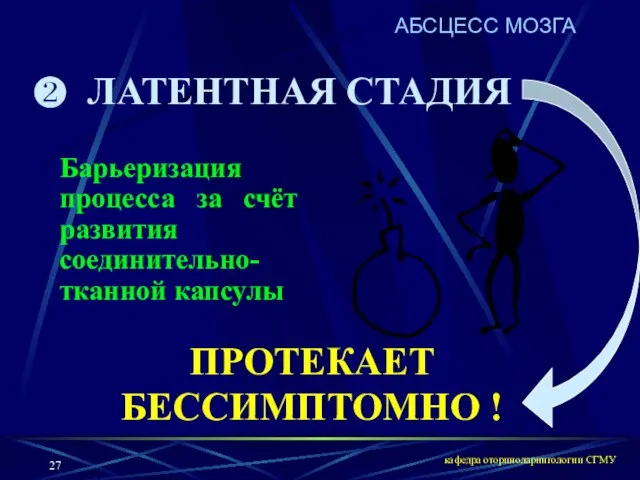 кафедра оториноларингологии СГМУ ЛАТЕНТНАЯ СТАДИЯ ПРОТЕКАЕТ БЕССИМПТОМНО ! Барьеризация процесса за счёт