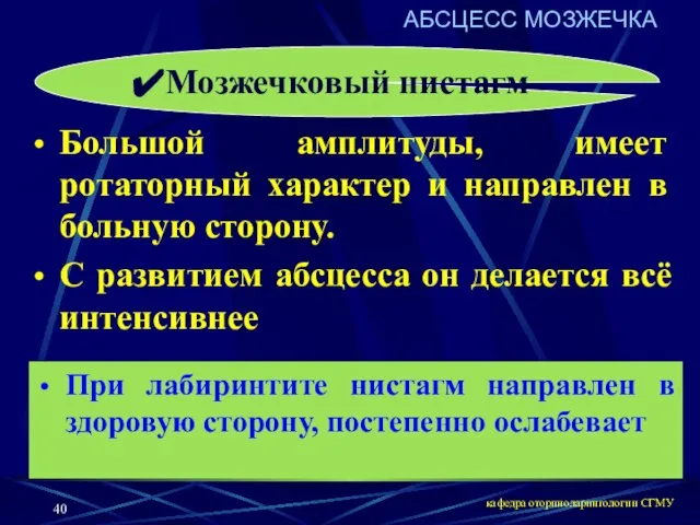 кафедра оториноларингологии СГМУ Мозжечковый нистагм Большой амплитуды, имеет ротаторный характер и направлен