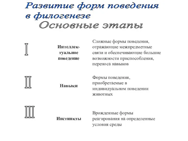 Развитие форм поведения в филогенезе Основные этапы I II III