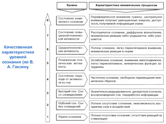 Качественная характеристика уровней сознания (по В.А. Ганзену