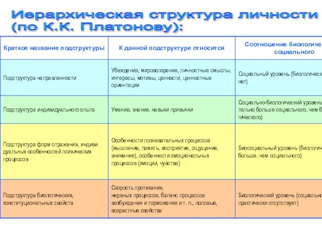 Иерархическая структура личности (по К.К. Платонову):