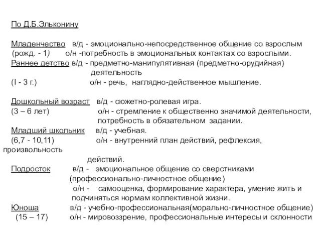 По Д.Б.Эльконину Младенчество в/д - эмоционально-непосредственное общение со взрослым (рожд. - 1)