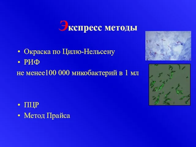 Экспресс методы Окраска по Цилю-Нельсену РИФ не менее100 000 микобактерий в 1 мл ПЦР Метод Прайса