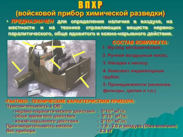 В П Х Р (войсковой прибор химической разведки) ПРЕДНАЗНАЧЕН для определения наличия