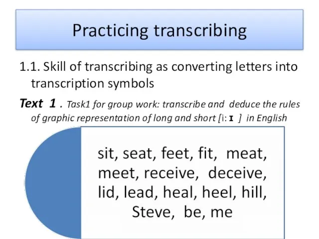 Practicing transcribing 1.1. Skill of transcribing as converting letters into transcription symbols