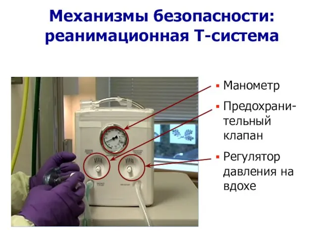 Механизмы безопасности: реанимационная Т-система Манометр Предохрани-тельный клапан Регулятор давления на вдохе