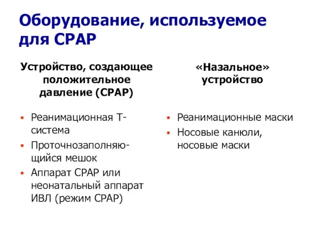 Оборудование, используемое для СРАР Устройство, создающее положительное давление (СРАР) Реанимационная Т-система Проточнозаполняю-щийся