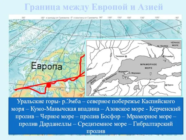 Граница между Европой и Азией Европа Азия Назовите географические объекты по которым