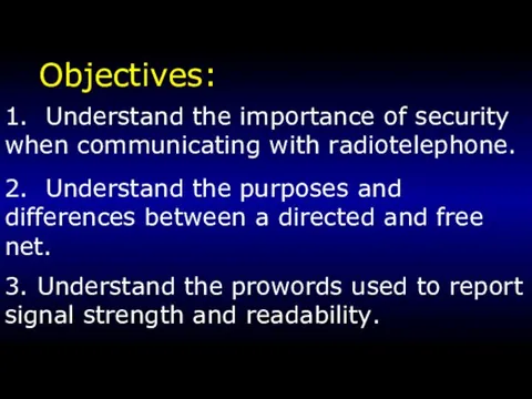 Objectives: 1. Understand the importance of security when communicating with radiotelephone. 2.