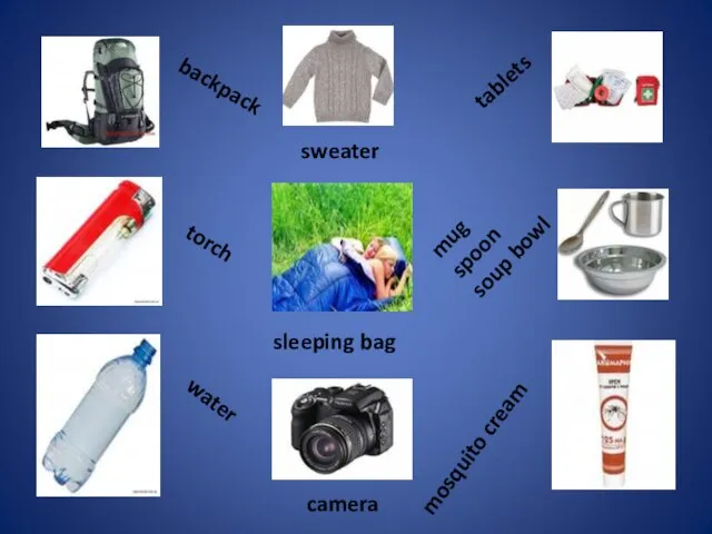 backpack torch water tablets mug spoon soup bowl mosquito cream sweater sleeping bag camera