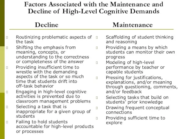 Factors Associated with the Maintenance and Decline of High-Level Cognitive Demands Decline