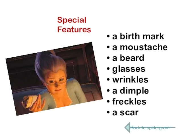 Special Features a birth mark a moustache a beard glasses wrinkles a