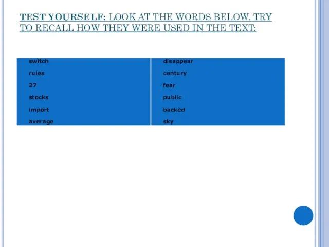 TEST YOURSELF: LOOK AT THE WORDS BELOW. TRY TO RECALL HOW THEY