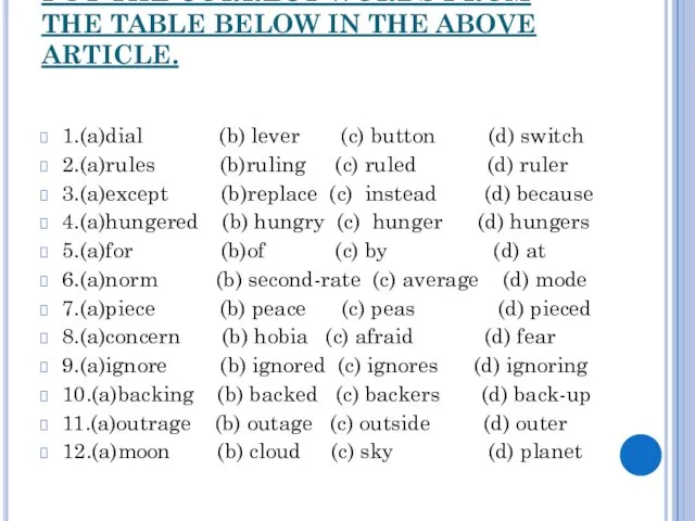 PUT THE CORRECT WORDS FROM THE TABLE BELOW IN THE ABOVE ARTICLE.