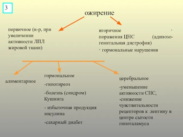 ожирение первичное (н-р, при увеличении активности ЛПЛ жировой ткани) вторичное ∙ поражения