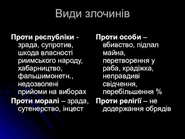 Види злочинів Проти республіки - зрада, супротив, шкода власності риимського народу, хабарництво,