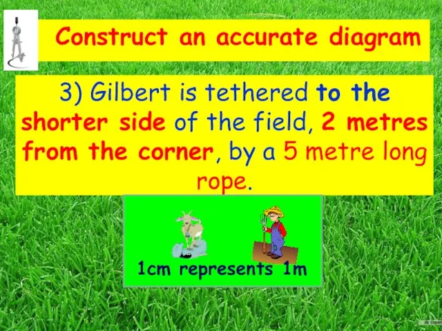 3) Gilbert is tethered to the shorter side of the field, 2