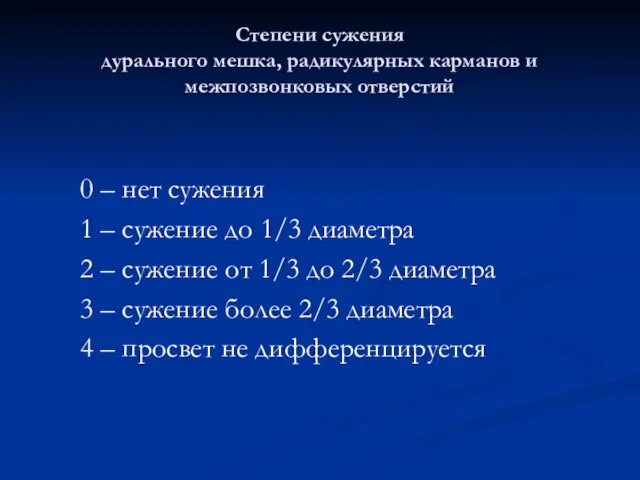 Степени сужения дурального мешка, радикулярных карманов и межпозвонковых отверстий 0 – нет