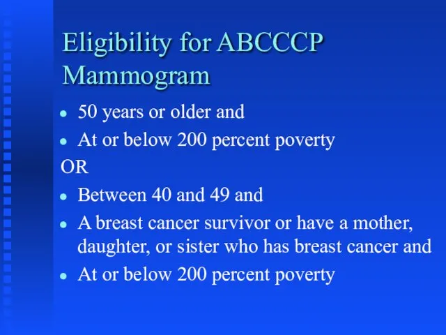 Eligibility for ABCCCP Mammogram 50 years or older and At or below