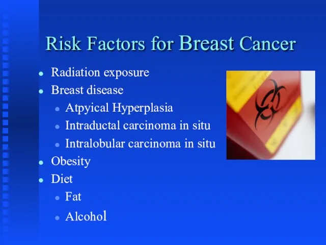 Risk Factors for Breast Cancer Radiation exposure Breast disease Atpyical Hyperplasia Intraductal
