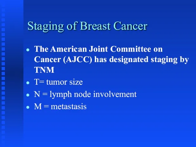 Staging of Breast Cancer The American Joint Committee on Cancer (AJCC) has