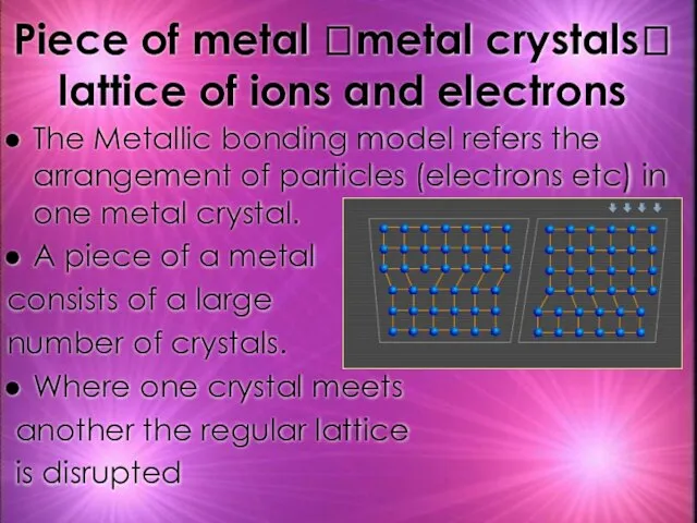 Piece of metal ?metal crystals? lattice of ions and electrons The Metallic