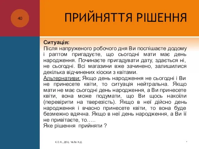 ПРИЙНЯТТЯ РІШЕННЯ Ситуація: Після напруженого робочого дня Ви поспішаєте додому і раптом