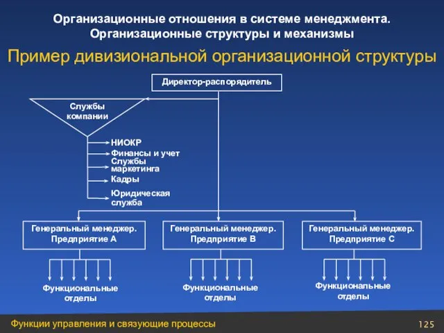 Функциональные отделы Директор-распорядитель Службы компании НИОКР Финансы и учет Службы маркетинга Кадры