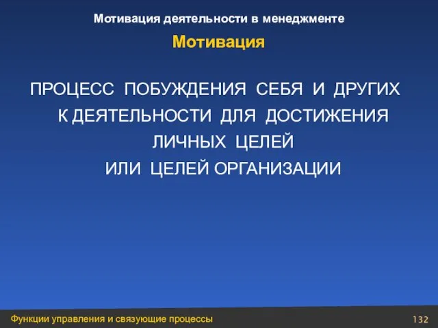 ПРОЦЕСС ПОБУЖДЕНИЯ СЕБЯ И ДРУГИХ К ДЕЯТЕЛЬНОСТИ ДЛЯ ДОСТИЖЕНИЯ ЛИЧНЫХ ЦЕЛЕЙ ИЛИ ЦЕЛЕЙ ОРГАНИЗАЦИИ Мотивация