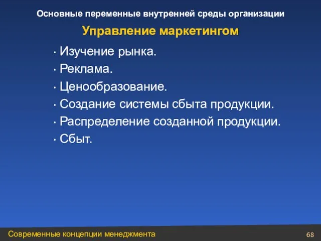 Изучение рынка. Реклама. Ценообразование. Создание системы сбыта продукции. Распределение созданной продукции. Сбыт. Управление маркетингом