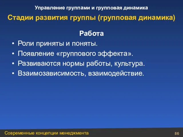 Работа Роли приняты и поняты. Появление «группового эффекта». Развиваются нормы работы, культура.