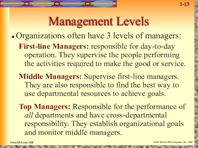 Management Levels Organizations often have 3 levels of managers: First-line Managers: responsible