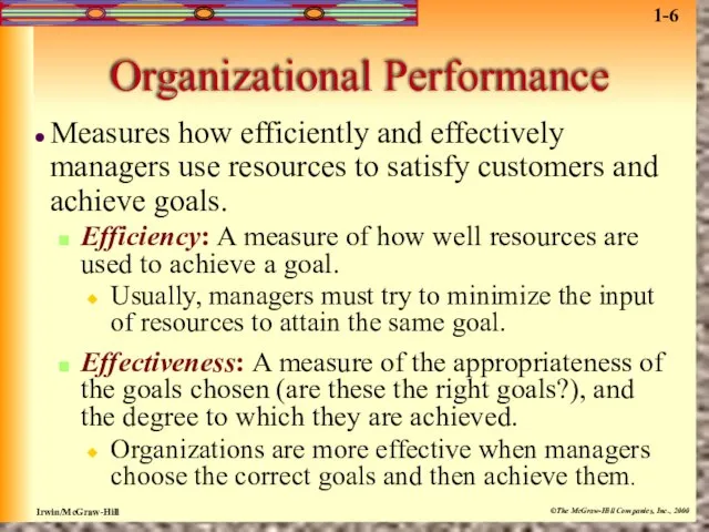 Organizational Performance Measures how efficiently and effectively managers use resources to satisfy