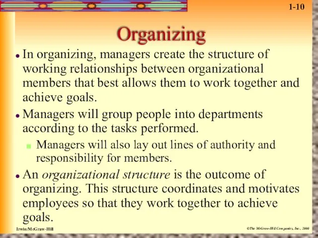 Organizing In organizing, managers create the structure of working relationships between organizational