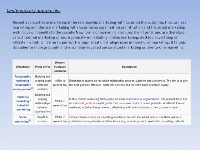 Contemporary approaches Recent approaches in marketing is the relationship marketing with focus