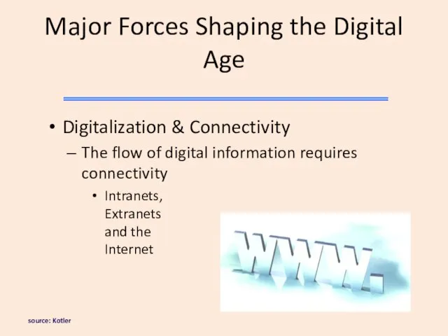 source: Kotler Major Forces Shaping the Digital Age Digitalization & Connectivity The