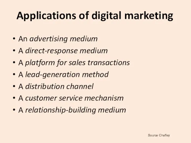 Applications of digital marketing An advertising medium A direct-response medium A platform