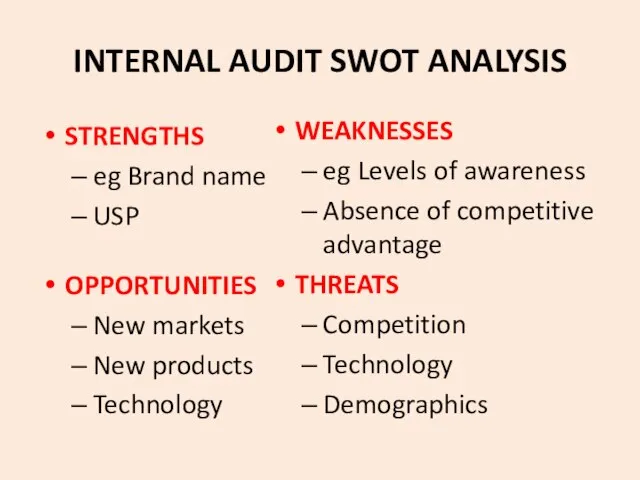 INTERNAL AUDIT SWOT ANALYSIS STRENGTHS eg Brand name USP OPPORTUNITIES New markets