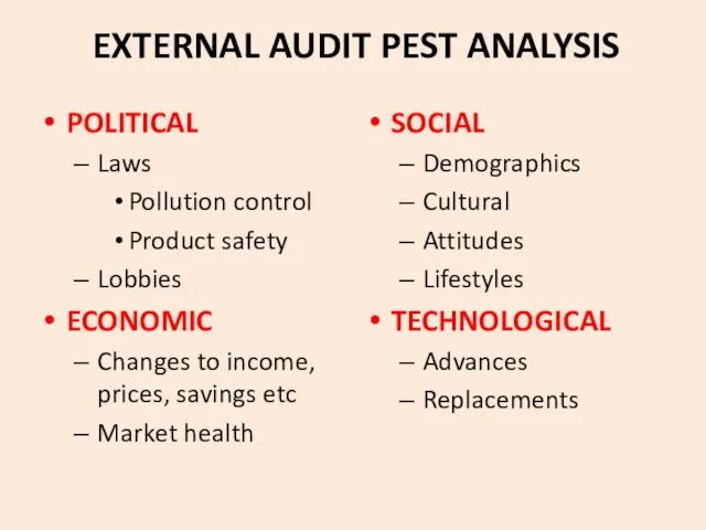 EXTERNAL AUDIT PEST ANALYSIS POLITICAL Laws Pollution control Product safety Lobbies ECONOMIC