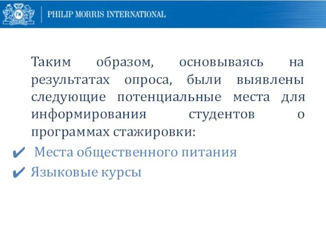 Таким образом, основываясь на результатах опроса, были выявлены следующие потенциальные места для