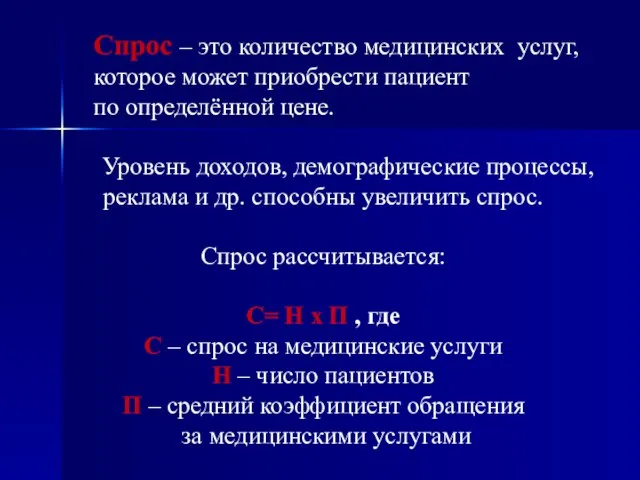 Спрос – это количество медицинских услуг, которое может приобрести пациент по определённой