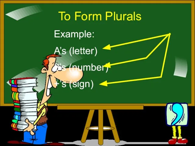To Form Plurals Example: A’s (letter) 8’s (number) +’s (sign)