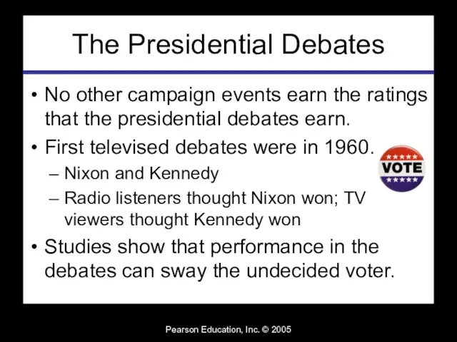 Pearson Education, Inc. © 2005 The Presidential Debates No other campaign events